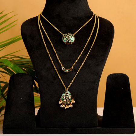 Green Kundan Multi-Layer Necklace with Gold Tone Chains & Pearl Tassels